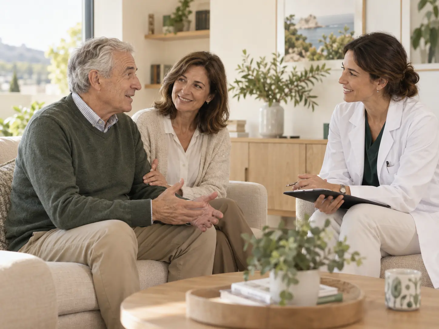Paciente y familiar conversando con una especialista sobre bienestar social y emocional
